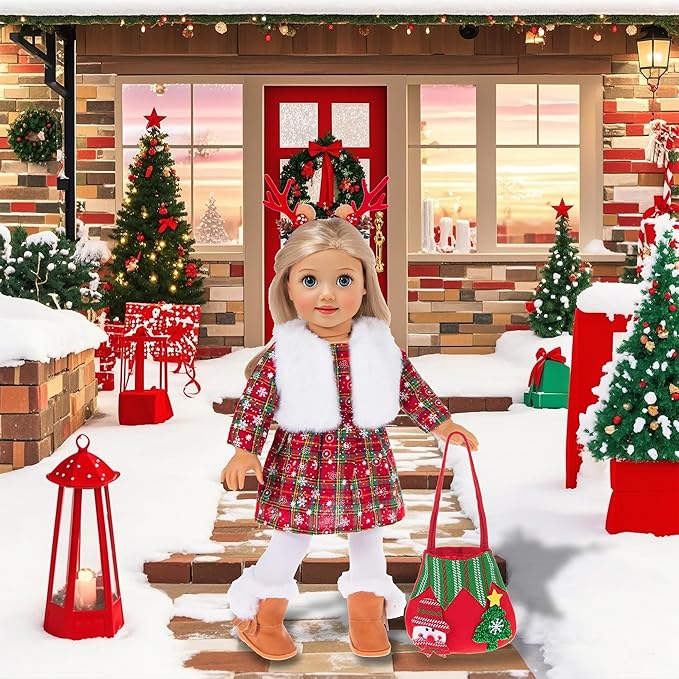 ebuddy 18 inch Doll Clothes and Accessories- Christmas Costume Playset Including Dress,Fur Vest, Tights, Boots, Hair Clips,Bell and Sticker (No Doll)