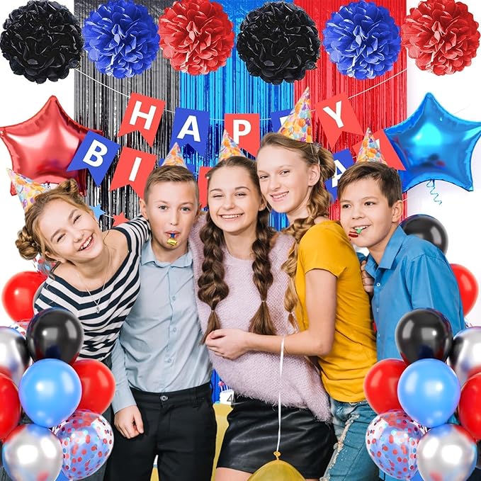 Black Red Blue Birthday Decoration,Red Blue Party Decorations Include Red Blue Black Balloons Happy Birthday Banner Fringe Curtain Tissue Paper Pompoms Garland