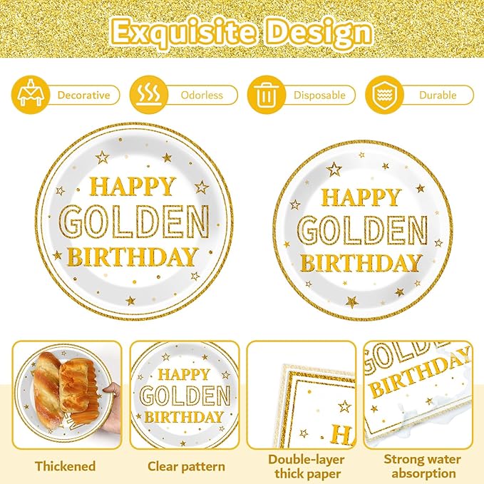 98PCS Happy Golden Birthday Party Supplies Happy Golden Birthday Paper Plates Napkins Tablecloths White Gold Dinnerware for Women Men Party Decorations for 24 Guests