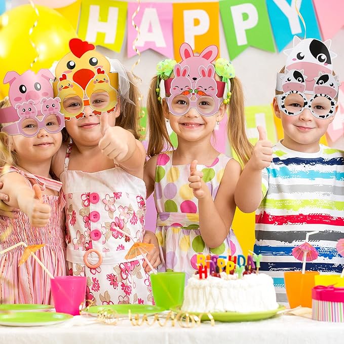 48 Pieces Farm Animal Paper Eyeglasses Farm Animal Birthday Paper Crown Headbands Farm Kids Birthday Party Hats Cow Chicken Barnyard Party Favors for Kids Toddlers Baby Holiday Games Party Supplies