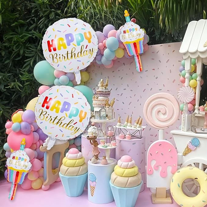 Happy Birthday Cupcake Cute Foil Balloons, Rainbow Sprinkle Happy Birthday Inflatable Mylar Round Balloon and Mini Cupcake Helium Balloons for Kids Children Girls Sweet birthday Party Decorations
