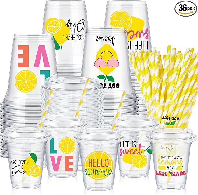 Boao 36 Sets Lemon Plastic Cups with Lids and Paper Straws 14 oz Yellow Lemon Birthday Party Supplies Beverage Drinking Cups Bulk for Summer Citrus Fruit Party Birthday Baby Shower