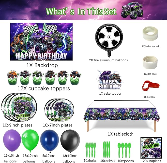 150Pcs Monster Truck Birthday Decorations，Monster Truck Party decorations，Monster Truck Birthday Party Supplies，Include Balloon arch,Backdrop, Cake Toppers，Tableware, Tablecloth