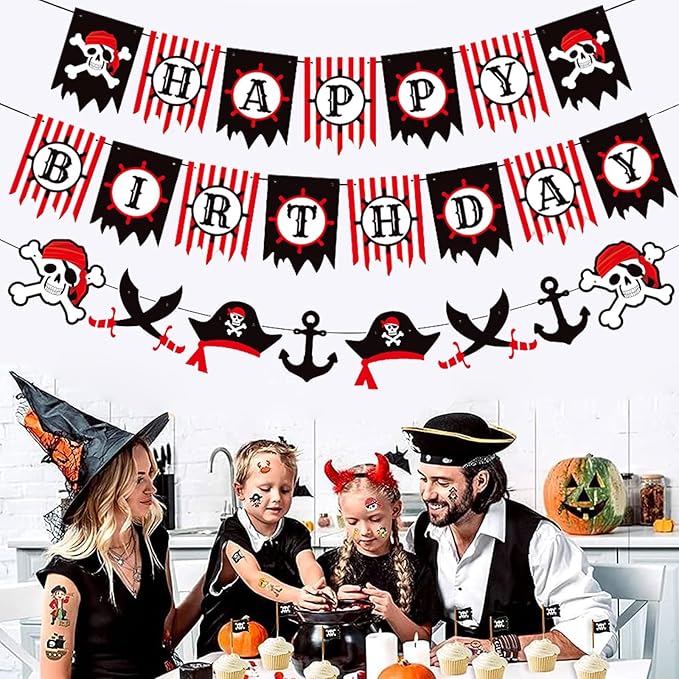 Zwiebeco Red Black White Pirate Happy Birthday Banner Bunting Garland Sign for Boys Girls Kids Teenagers Mens Womens Adults Sea Rover Themed Party Decorations Supplies