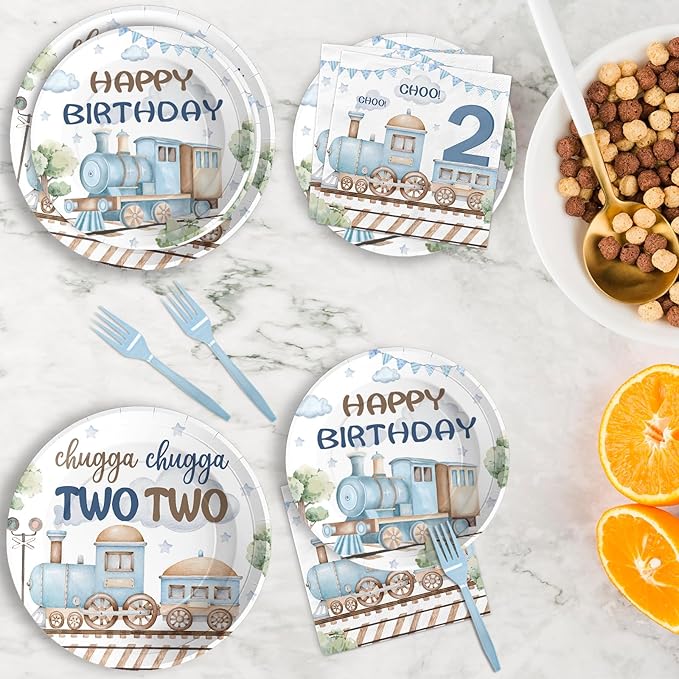 Grencian 96Pcs Chugga Chugga Two Two Birthday Party Decorations Watercolor Train 2nd Paper Plates Retro Blue Disposable Choo Choo I'm 2 Tableware Set for 2 Year Old Birthday Party Supplies, Serves 24
