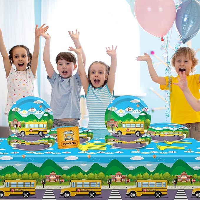 61 Pcs School Bus Party Supplies Back to School Birthday Tableware Set Bus Plates Napkins and Tablecloth Transportation Themed Decorations for Preschool Kindergarten Baby Shower Serves 20 Guests