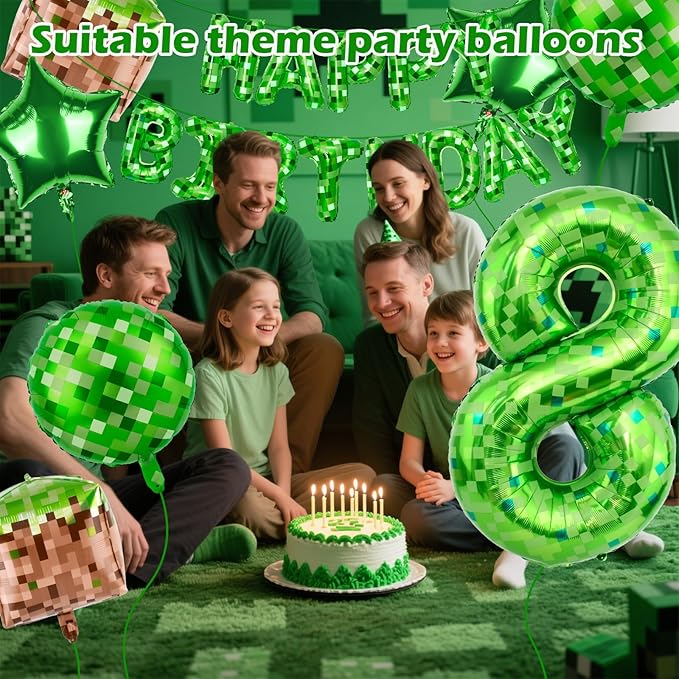 Green Pixel Themed Happy Birthday Banner Party Decorations Set Including 40 Inch Number 8 Foil Balloons, Themed Party Essentials, TNT Pixel Backdrop Supplies for Boys Indoor Outdoor Celebration