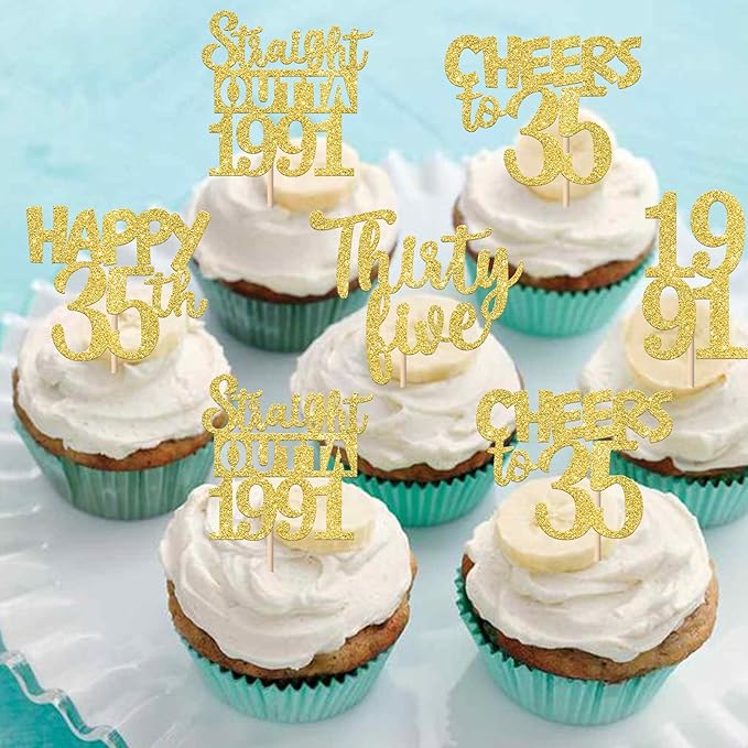 30PCS Straight Outta 1991 Cupcake Toppers Gold Glitter Thirty Five Happy 35th Birthday Cupcake Picks Cheers to 35 Years Cake Decorations for 35th Birthday Anniversary Party Decoration Supplies