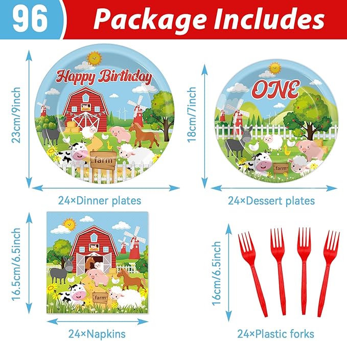 gisgfim 96Pcs Farm Animals Theme Birthday Party Supplies Barnyard 1st Birthday Paper Plates Napkins Cow One Farmhouse Tableware Dinnerware Set Decorations Favors for Baby Shower Serve 24