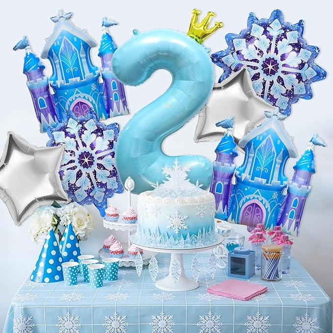 7Pcs 2nd Birthday Party Decorations Balloons,Winter Snowflake Balloons Large Blue 40 Inch Number 2 Balloon Foil Star Castle Ballon for Birthday Party Favor Decor Supplies Winter Wonderland Decoration