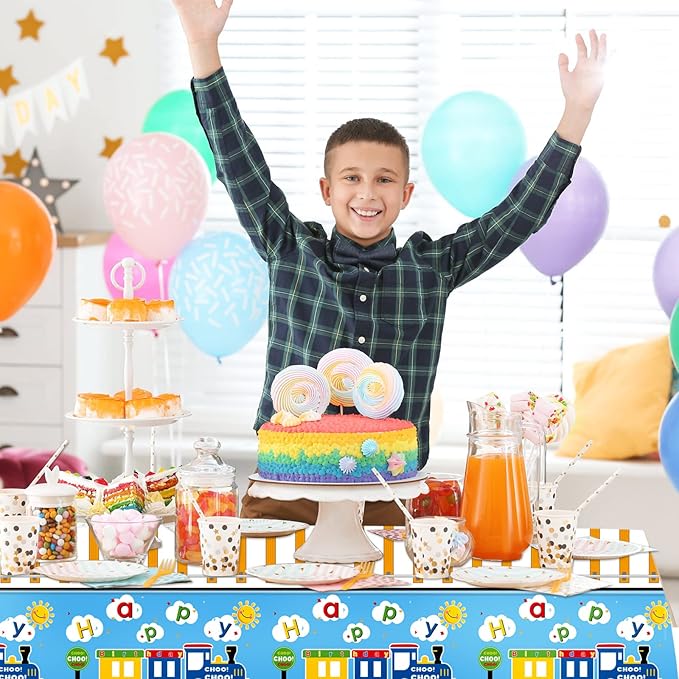 Irenare 3 Pieces Train Plastic Tablecloths Train Birthday Party Supplies Boy Tablecovers Party Decorations 51 x 87 Inch