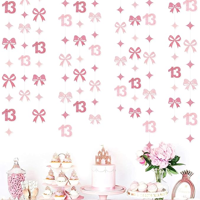 Glitter Pink 13th Bow Birthday Decorations Hot Pink Conquette Bow Garland Streamer Banner Backdrop for Girls Happy 13th Birthday Official Teenager Cheers to 13 Years Old Anniversary Party Supplies