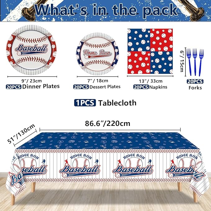 Baseball Party Decorations - 81Pcs Baseball Plates and Napkins Sets, Tablecloth, Blue Forks for Sports Fans Kid Adult Birthday Party Supplies, Serve 20