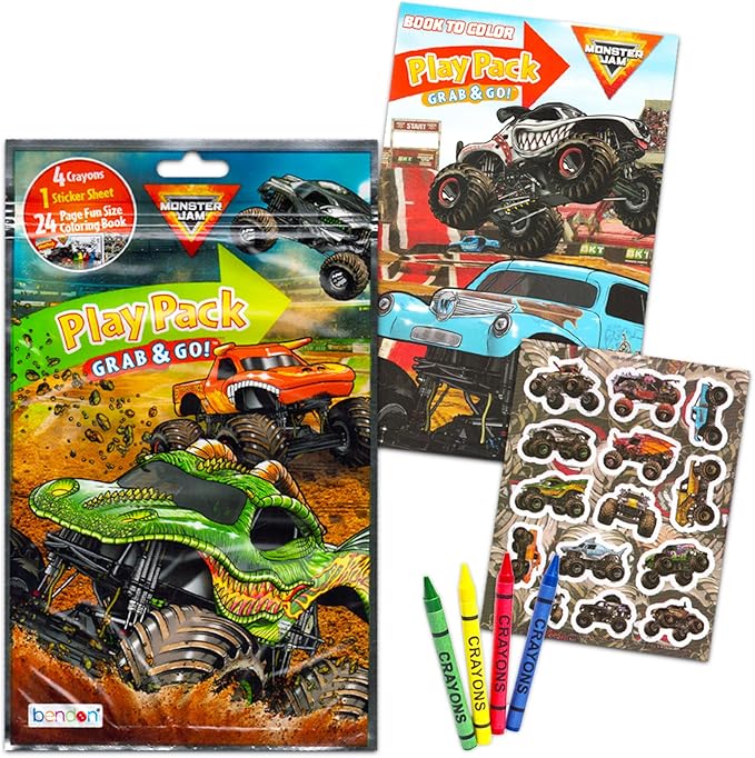 Monster Jam Party Favors Set - Bundle with 12 Monster Truck Play Packs with Coloring Pages, Stickers, Loot Bags, and More Birthday Party Supplies