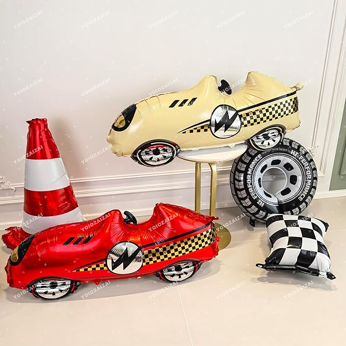 2PCS Self Standing Race Car Tire Foil Balloon Red And Yellow Car Balloon For Birthday Boy Race Themed Party Baby Shower Decorations Supplies