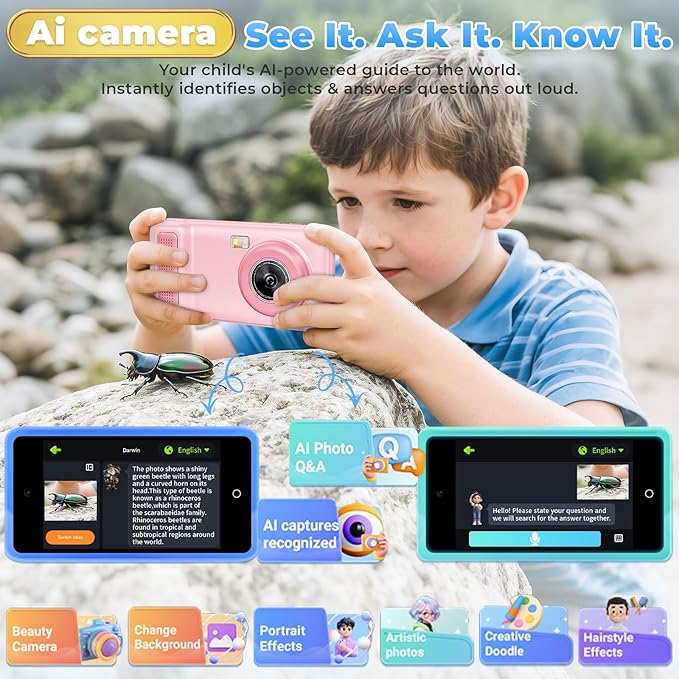 Ai Kids Camera for Age 3-10, Digital Camera Christmas Birthday Gifts, Toddler Learning Play Toy Camera with 4 inch IPS HD Eye-Friendly Screen, AI Smart Learning, Music Player (Pink)