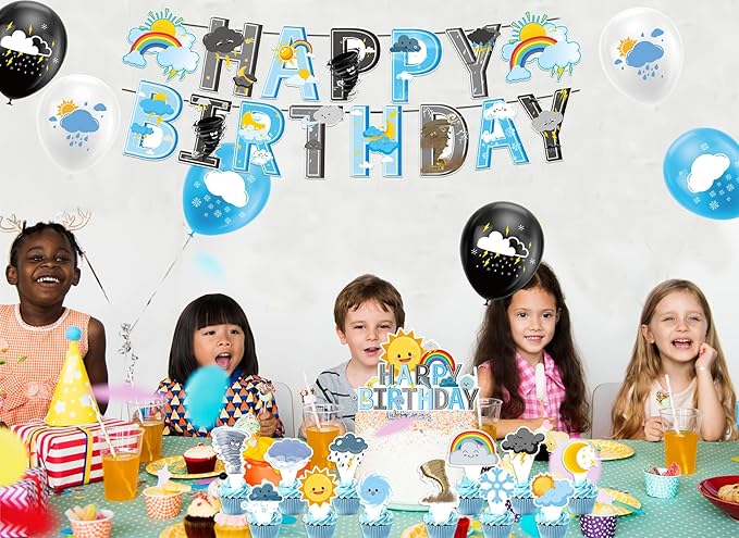 Weather Birthday Party Decorations Set, Weather Forecast Party Supplies Weather Banner Cake Topper Cupcake Toppers Balloons for Tornado Rainbow Clouds Sun Snow Moon Star Party Decorations