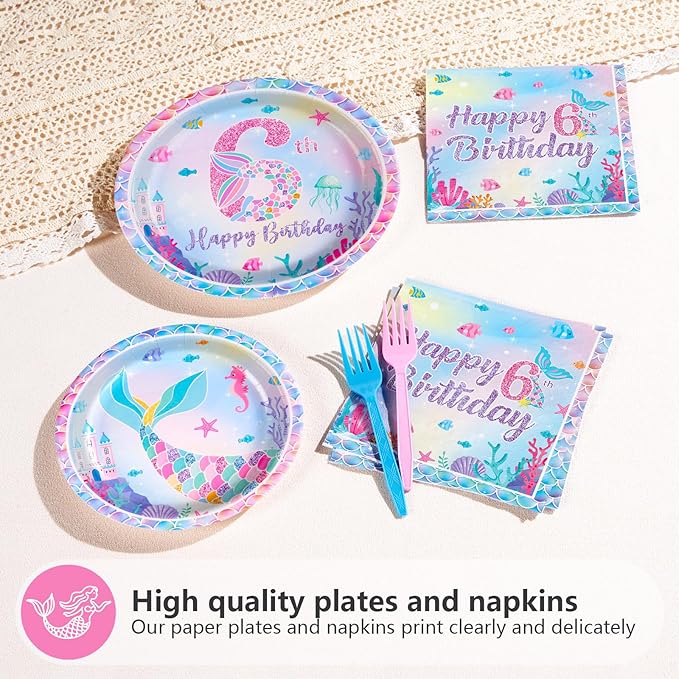 96Pcs Mermaid 6th Birthday Party Decorations for Girls Little Mermaid Plates and Napkins Tableware Sets Under the Sea Theme Decorations for Baby Shower 6 Years old Party Supplies Serves 24