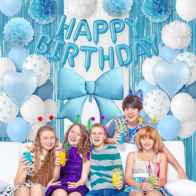 Blue Birthday Decorations, White Sand Happy Birthday Balloon Banner with Bow and Heart Foil Balloons Fringe Curtain Tissue Paper Pompoms Garland Party Supplies for Boys Men Girls Women