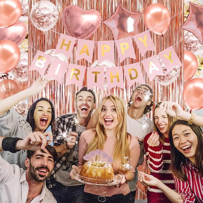 Rose Gold Birthday Party Decorations, Happy Birthday Banner, Rose Gold Fringe Curtain, Heart Star Foil Confetti Balloons, Hanging Swirls for Women Girls Birthdays Princess Party