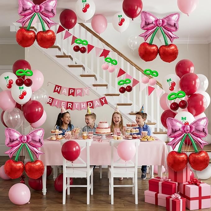 Bonropin 76pcs Pink Bow Red Cherry Balloons with Red Pink Cheery Print Balloon for She's The Cherry On Top Party Foil Balloon Berry First Birthday Decorations Baby Shower Bridal Wedding Party Supplies