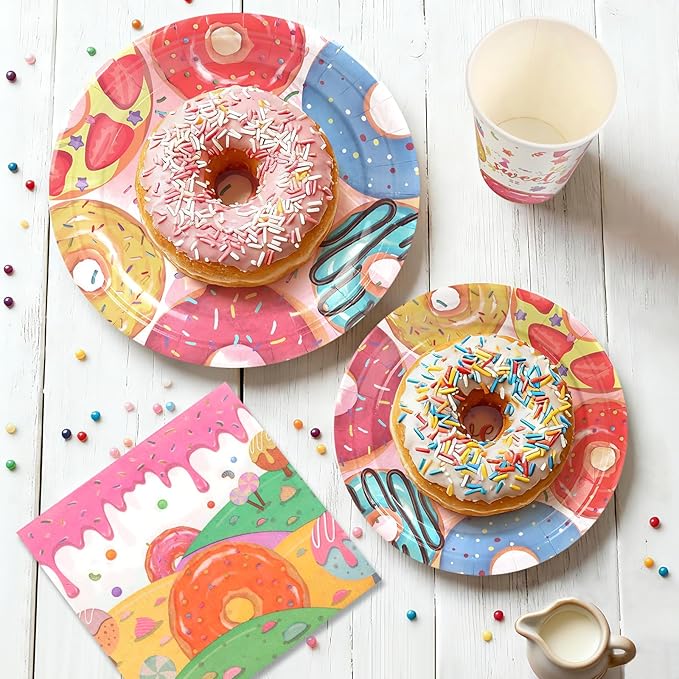 96Pcs Sweet One Birthday Party Decorations Donut Dessert Paper Plates and Napkins Cups Disposable for Girl Boy Donut First Birthday Decorations, Serve 24