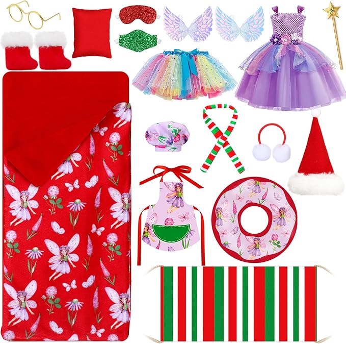 Kacctyen 18 Pcs Fairy Clothes Christmas Accessories Include Christmas Doll Dress Skirt Sleeping Bag Bathrobe Apron Chef Hat Scarf Glasses Pillow Mask Shoes Hammock Fairy Stick for Doll