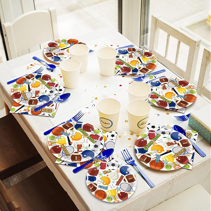 Tevxj 96PCS Sports Birthday Tableware Set Superstar Dinnerware Disposable All Star Birthday Party Plates Napkins Forks for Basketball Baseball Soccer Party Decorations Supplies 24 guests
