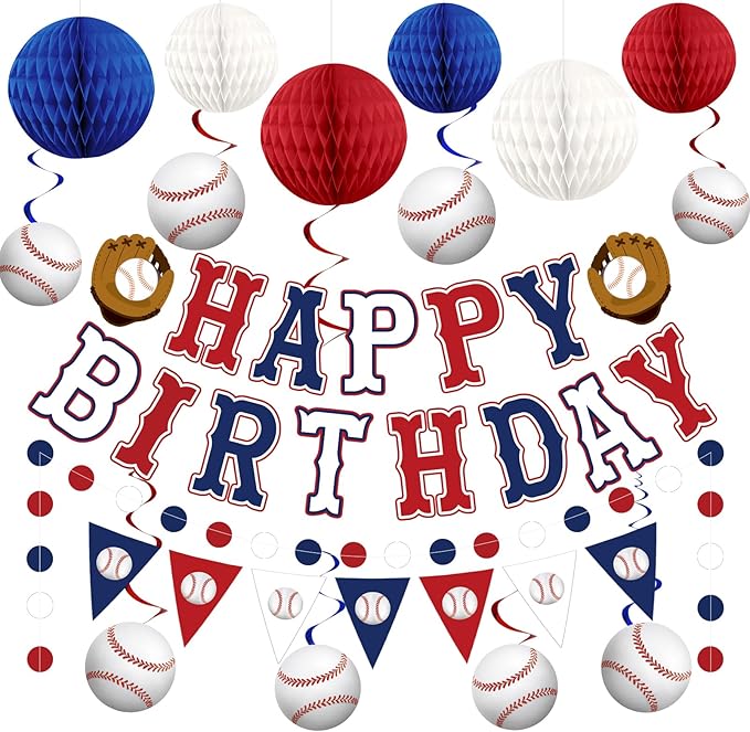 Baseball Birthday Decorations, Baseball Party Decorations Include Banner, Honeycomb Balls, Hanging Swirl Streamers, Circle Dots Garland for Baseball Sports Birthdays Party Supplies for Boys