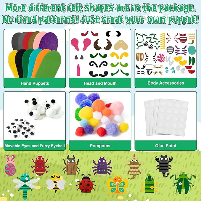 WATINC 12 Pcs Hand Puppet Making Kit, Art Craft Felt Sock Puppet Toys, Creative DIY Make Your Own Pompoms Wiggle Googly Eyes Storytelling Role Play Party Supplies Gift for Girls Boys (Insect Animals)