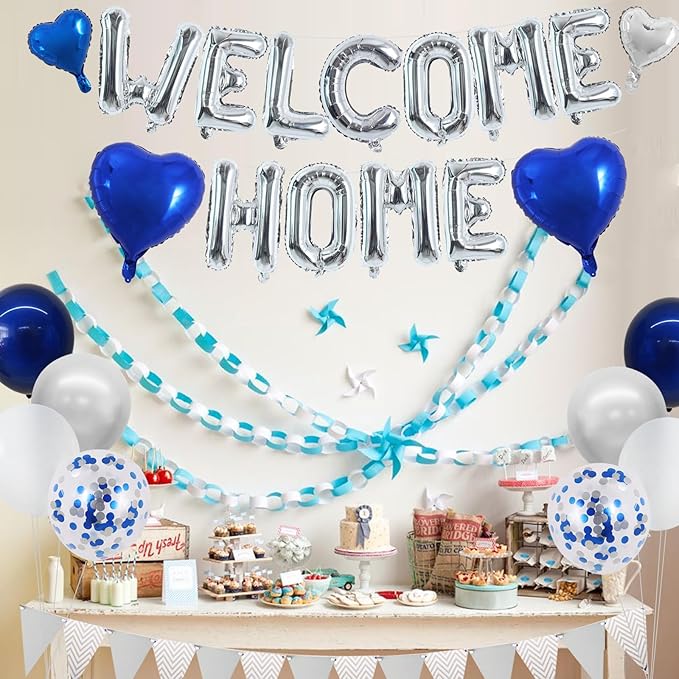 TONIFUL Welcome Home Decorations,16 Inch Silver Welcome Home Foil Balloon Banner Blue Silver Confetti Balloons Pennant Flag Bunting for Homecoming Party House Warming Party Family Gathering Supplies