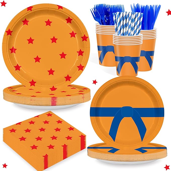168PCS Anime Dragon Party Supplies for boys Kids Cartoon Themed Party Decorations Birthday Orange and Red Stars Paper Plates Cups Forks Knives and Straws Tableware Set for 24 Guests