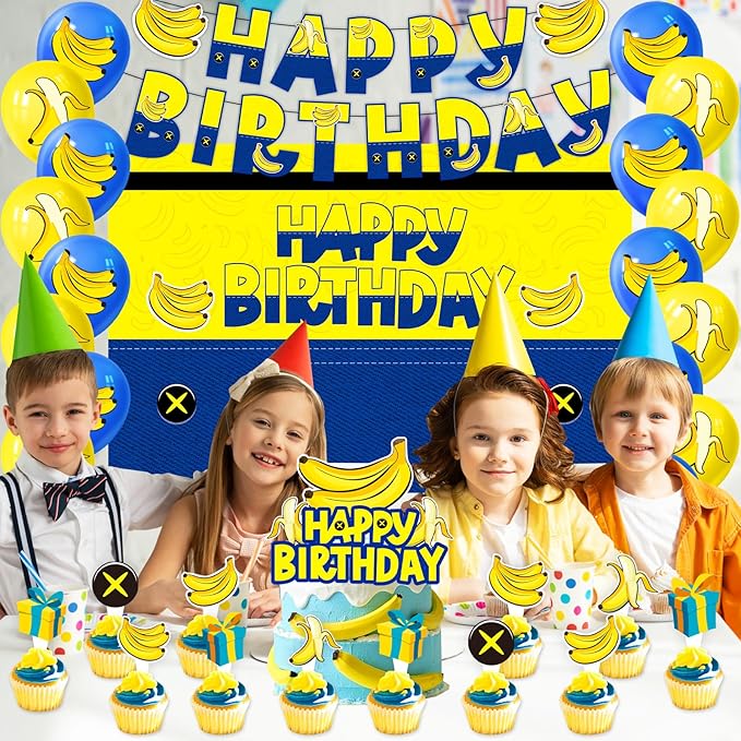 Yellow Cartoon Birthday Party Supplies, Yellow Jeans Cartoon Theme Party Decorations Including Birthday Banner, Backdrop, Balloons, Cupcake Toppers