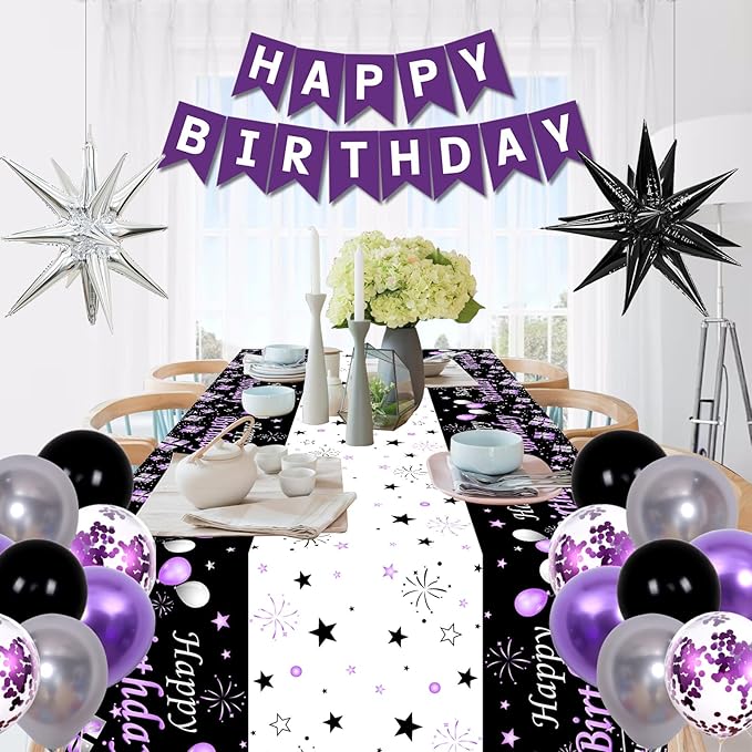 Black Purple Birthday Decorations for Women Girls Men, Purple and Silver Party Decorations Happy Birthday Backdrop Banner Confetti Star Silver Black Balloons Arch Tablecloth Party Supplies