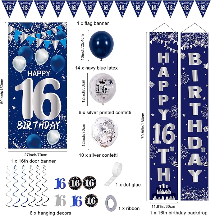 16th Birthday Decorations for Boys Girls, Navy Blue Happy 16th Birthday Door Banner Sign, 16 Years Old Party Supplies Teenagers Bday Backdrop Balloons Hanging Decors