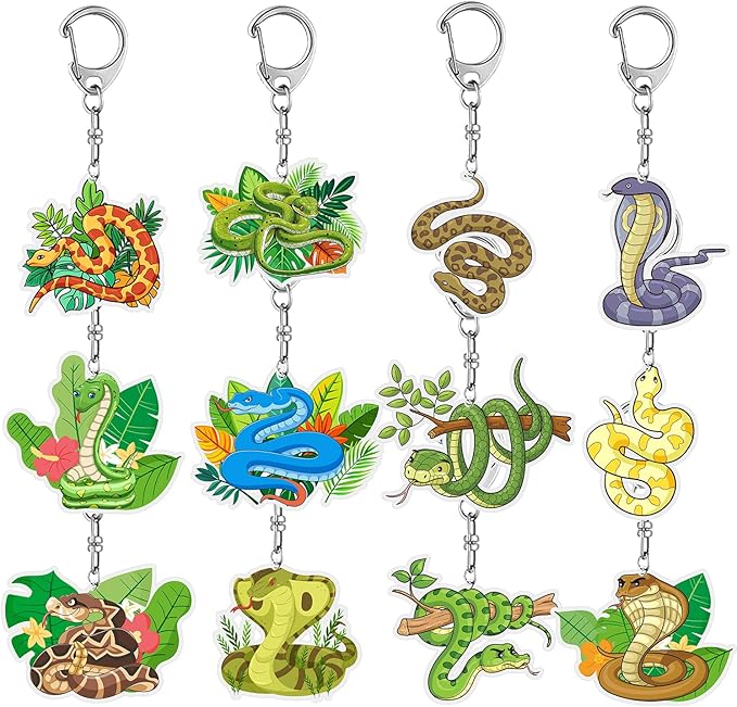 12 PCS Snake Party Favors Snake Acrylic Keychains for Reptile Snake Birthday Party Decorations Supplies Gifts for Kids Classroom Prizes