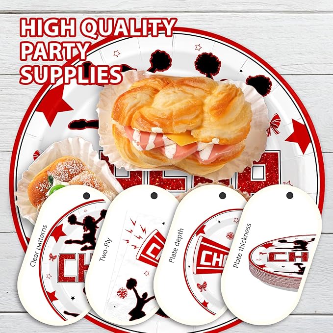 96Pcs Cheerleading Party Supplies Cheerleader and Loudspeaker Plates and Napkins Red Black White Cheerleader Tableware Set for Team Cheer Sports Gymnastics Birthday Party Supplies，Serves 24