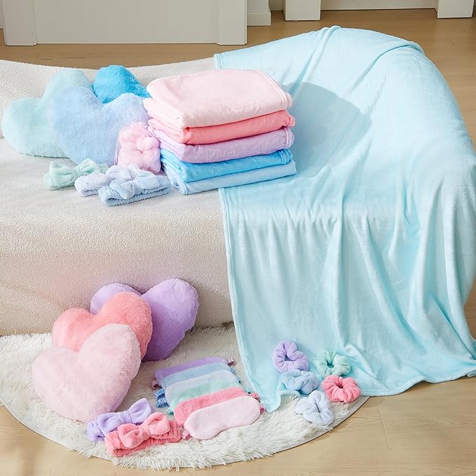 36 Pcs Sleepover Party Supplies for Girl Spa Slumber Birthday Favors Throw Blanket Pillow Eye Mask Headband Scrunchies (Solid Color,Mermaid Color)
