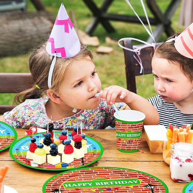 168pcs Red Brick Wall Street Birthday Party Supplies Plates Napkins Paper Cups Disposable Tableware Set Modern Cartoon Street Party Decorations for Kids Boys Birthday Decor Serves 24