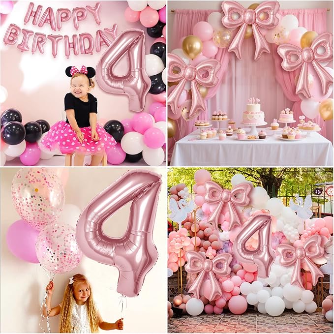 Bow Number 4 Birthday Balloons, 40" Pink Aluminum Foil Balloons Happy Birthday Balloon for Girl 4th Birthday Party, Princess, Coquette Party Decorations Supplies