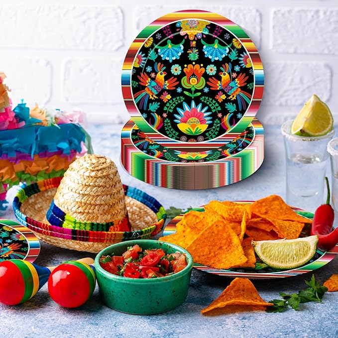 Pack of 50, 9-Inch Mexican Fiesta Paper Plates, Colorful Floral and Serape Stripe Design, Disposable Plates for Tacos, Snacks, Desserts, Cinco de Mayo Party Supplies, and Birthday Table Decorations