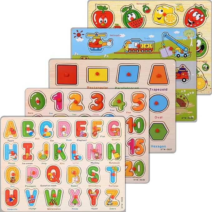 5-Pack Alphabet, Numbers, Shapes, Fruits & Vehicles Puzzle Wooden for Toddlers 3+ Years Old | ABC & 123 Shape Learning Toys with Board & Blocks | Preschool Education for Girls and Boys, Large