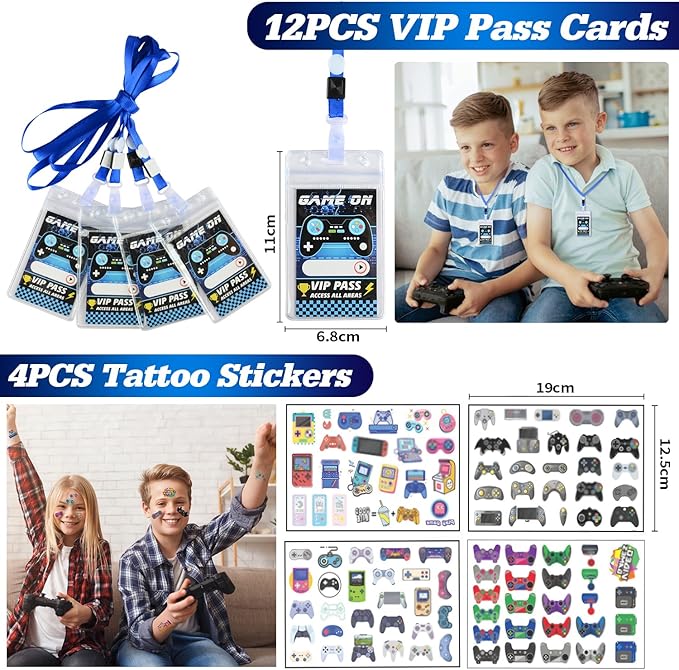 KISPATTI 126 PCS Video Game Party Favors, Gaming Birthday Party Favors with Drawstring Bags VIP Pass Tickets Stamper Notebook Game On Party Favor Bags Gamer Party Supplies