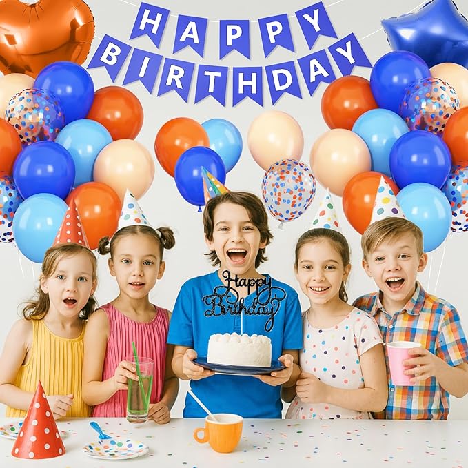 Blue and Orange Birthday Decorations,Royal Light Blue and Orange Decor Happy Birthday Banner Cake Topper Star Heart Foil Balloon for Kids Space Theme Party