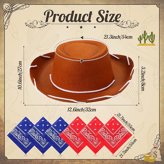 Unittype 18 Sets Cowboy Hats and Bandanas Bulk Kids Western Cowboy Costume Accessories Kids Party Supplies