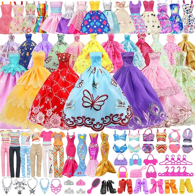 75 Pcs Doll Clothes and Accessories Gift Box Package,5 Wedding Gowns 4 Evening Dresses 8 Fashion Dresses 3 Set Casual Outfit, 2 Swimsuit,30 Hanger 20 Shoes 10 Accessories for Girls 3-10 years old Gift