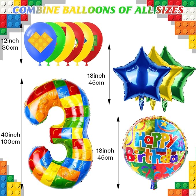 40 Inch Building Block Number Balloon, Colorful Number Block Foil Number 3 Balloons Large Big Numbers Helium Balloon for Girls Boys 1th Birthday Brick Theme Party Decorations (Number 3)