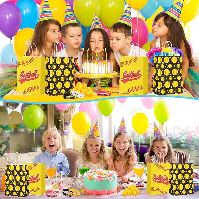 MTLEE Softball Party Favors Set Includes 12 Softball Paper Bags, 12 Silicone Bracelets, 12 Mini Foam Softball for Softball Birthday Party Supplies