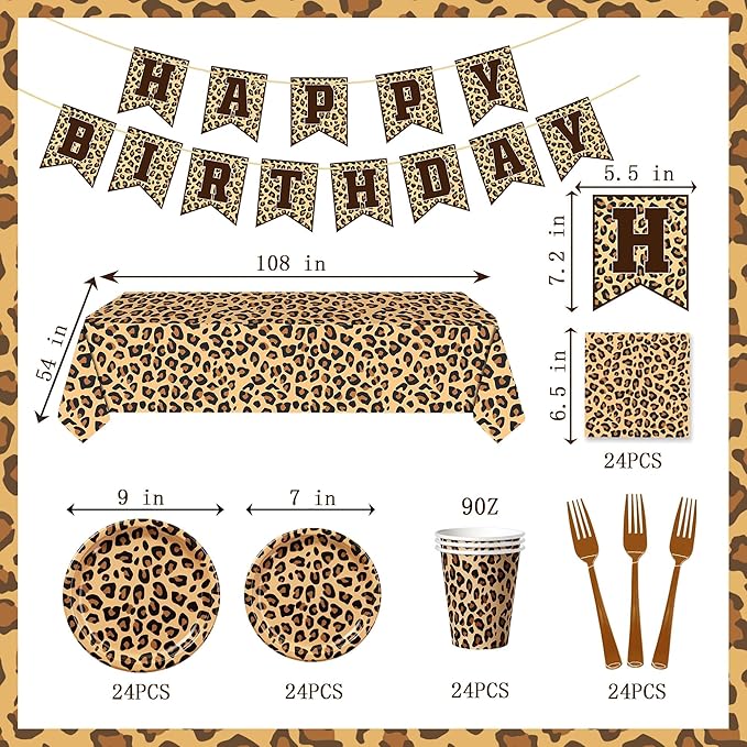 Leopard Print Party Supplies, Cheetah Happy Birthday Party Decorations with Plates Napkins Cups Tablecloth for Safari Animal Leopard Birthday Party Supplies Serve 24(Leopard Print)