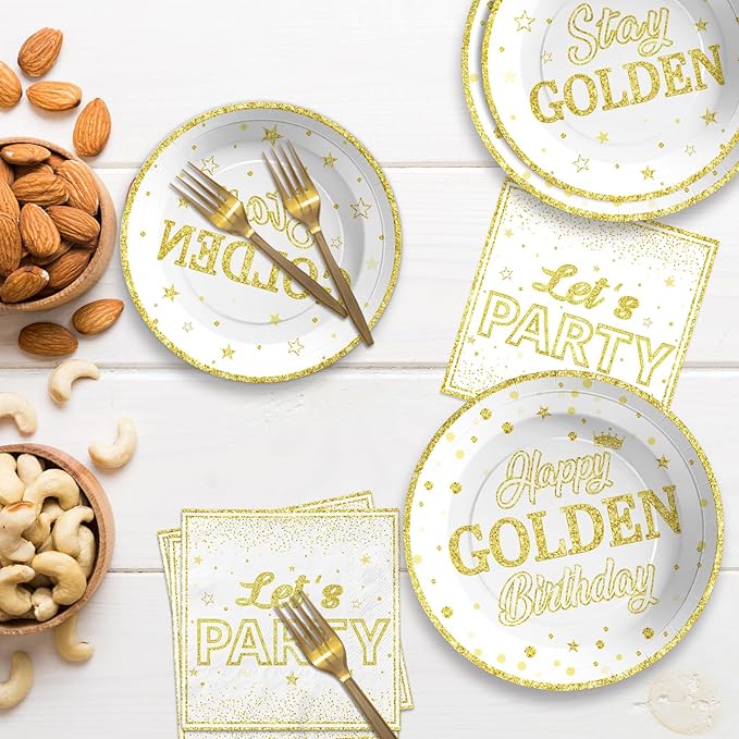 96Pcs Happy Golden Birthday Party Decorations White Gold Plates and Napkins Gold Glitter Disposable Paper Plates Tableware Set for Women Men Happy Birthday Baby Shower Party Supplies Serves 24